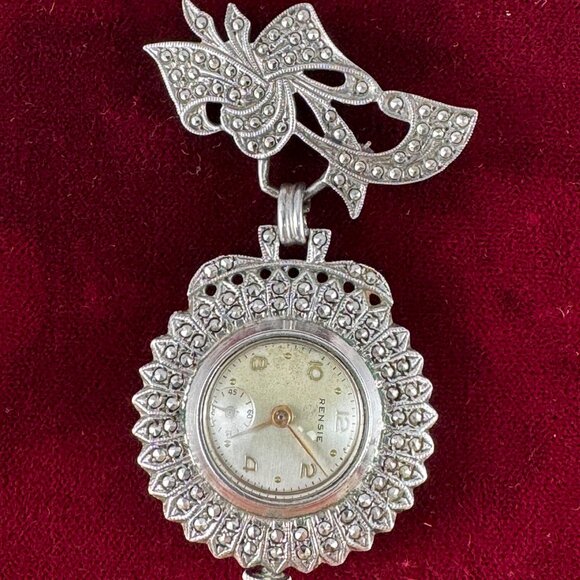 Fabulous Vintage 1920's Rensie Ladies Art Deco Marcasite Watch 925 Silver Brooch